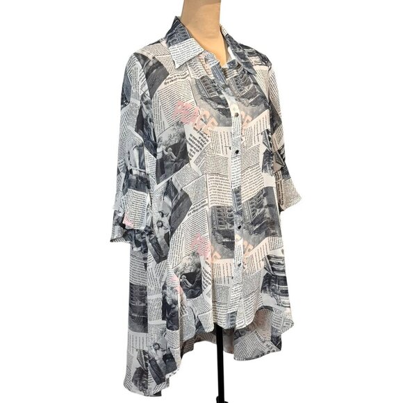 Why Dress Flowy Top Sz.L Newspaper Print Novelty Longline Ruffle 90s Maximalist - Picture 2 of 12